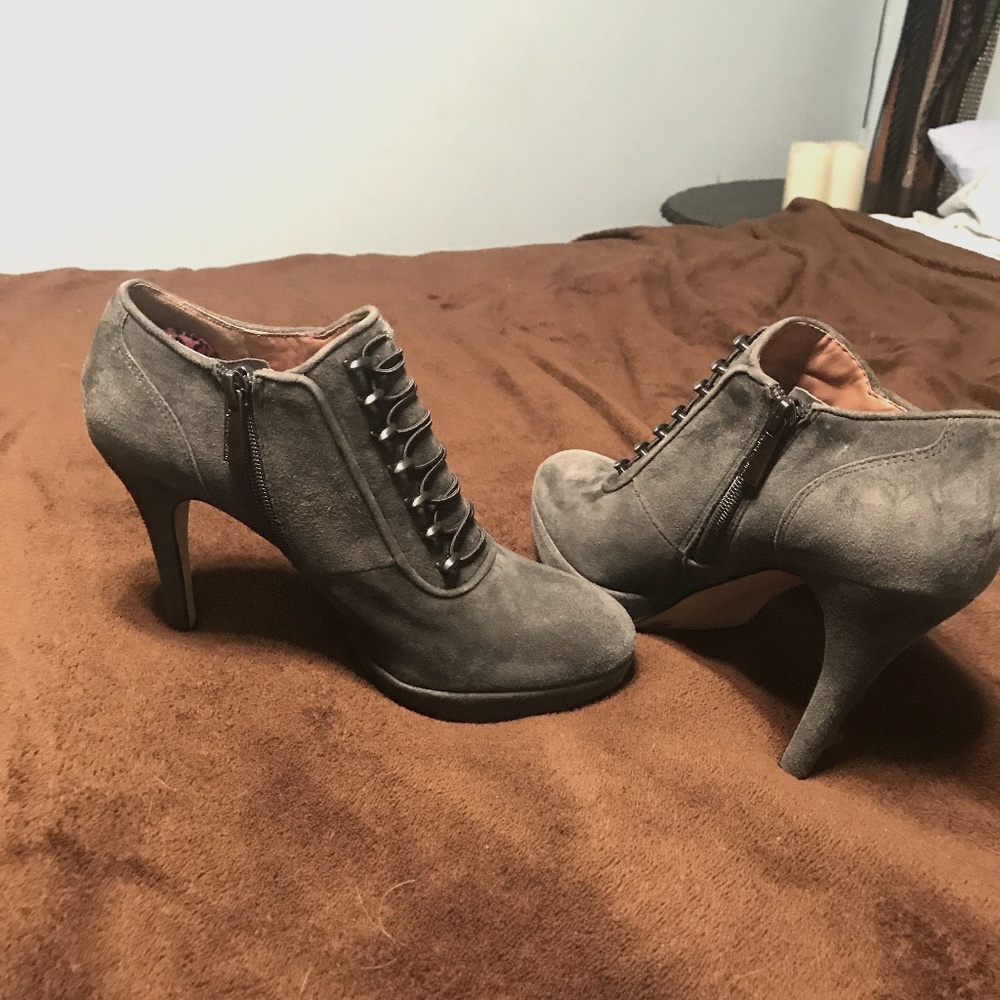 Grey suede spike heel dress booties